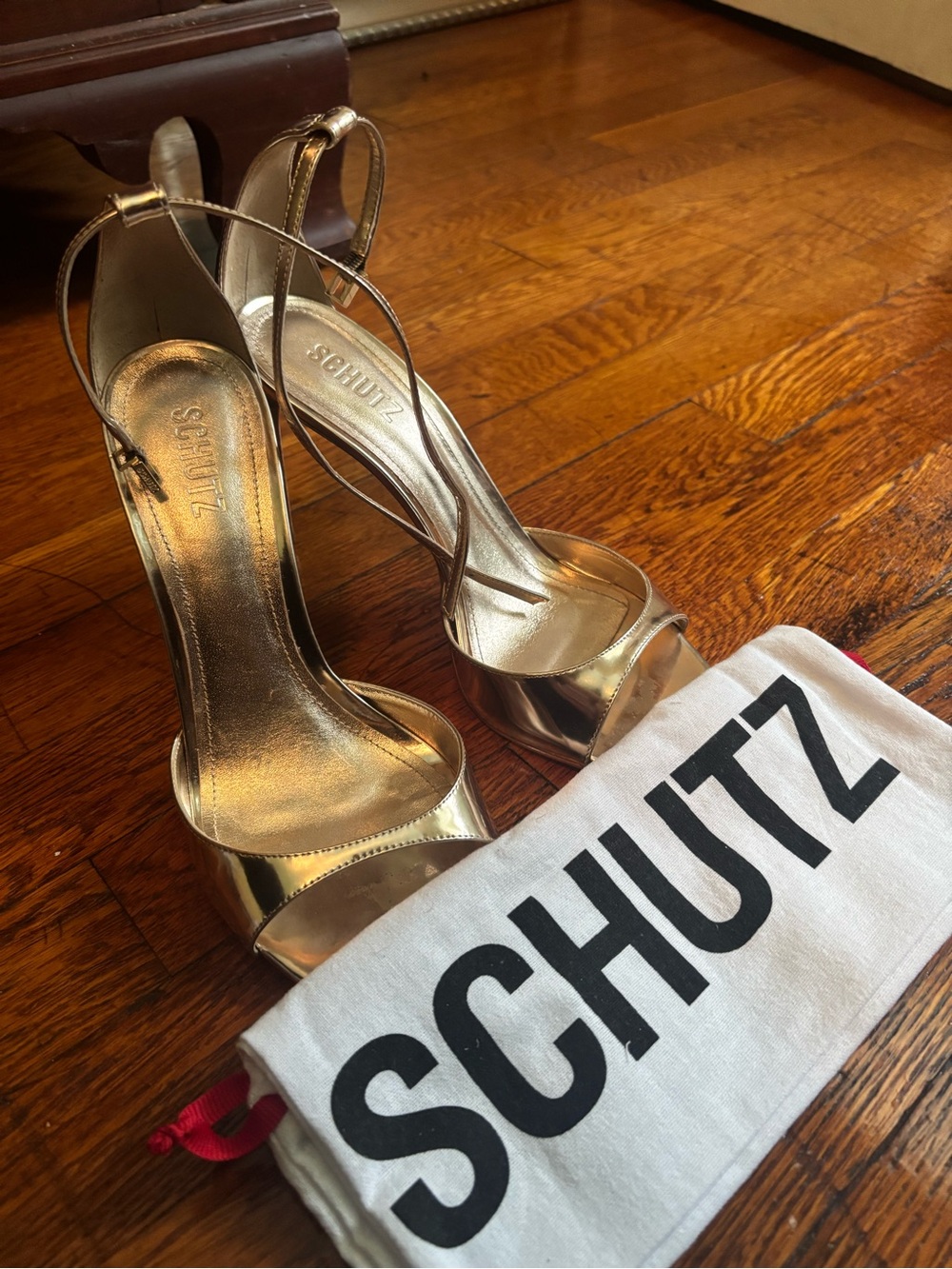 SCHUTZ Gold Metallic Strappy High Heel Sandals